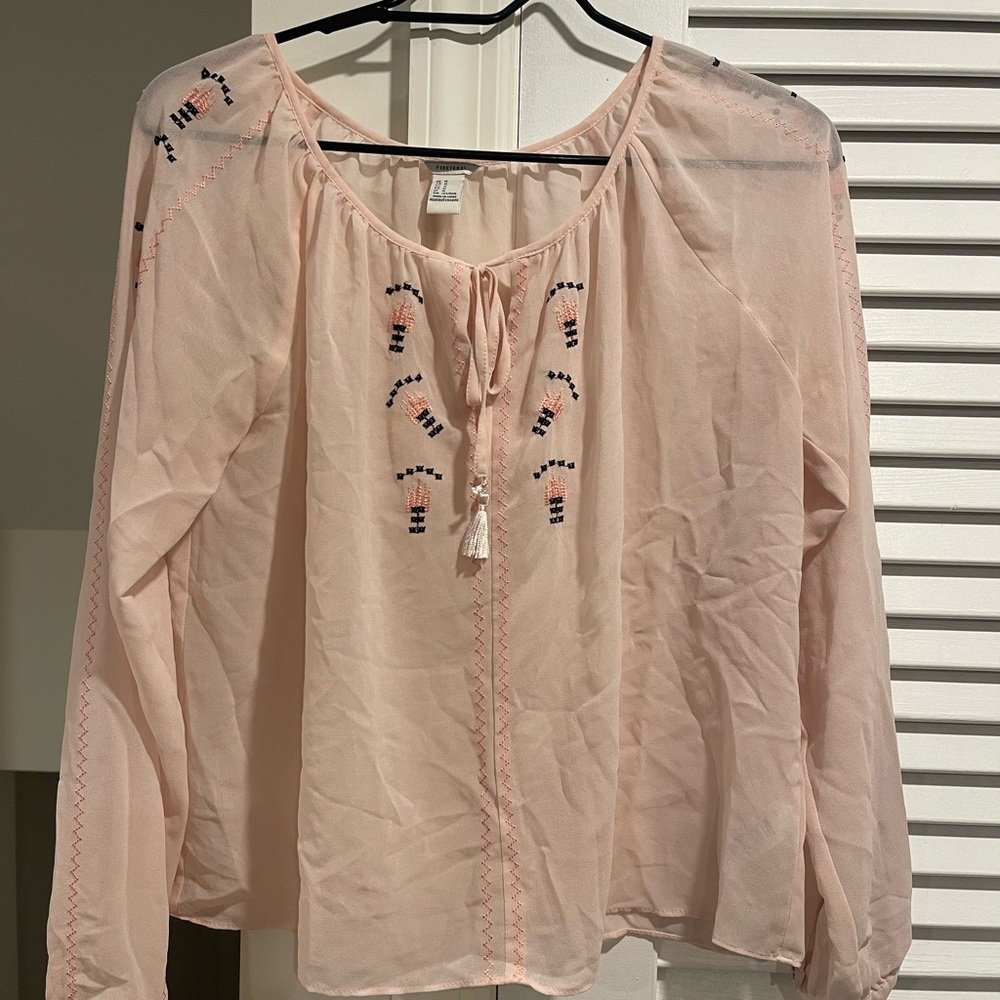 Forever 21 Light Pink Embroidered Peasant Blouse
